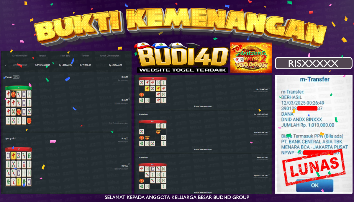 BUDI4D JACKPOT SLOT Pragmatic Play mahjong wins 2 Rp.1.010.000,- LUNAS