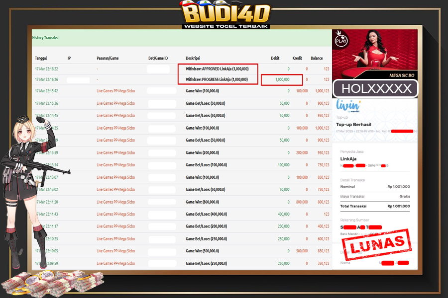 BUDI4D JACKPOT LIVE CASINO – Pragmatic Live Casino – Mega Sicbo RP.1.000.000,- LUNAS