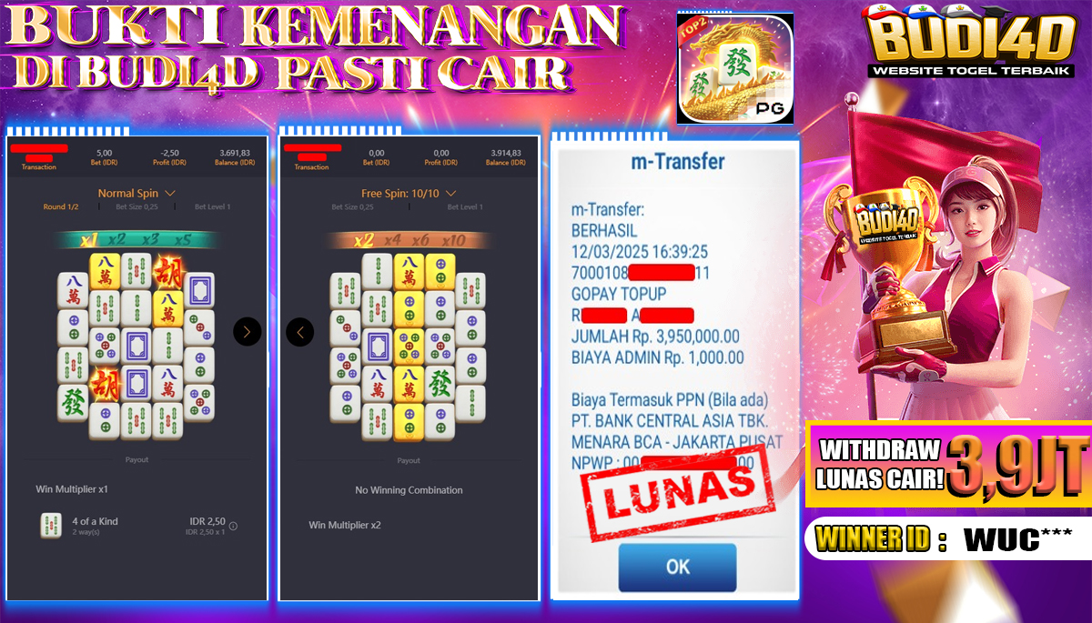 BUDI4D JACKPOT SLOT PGSoft Mahjong Ways 2 Rp.3.950.000,- LUNAS