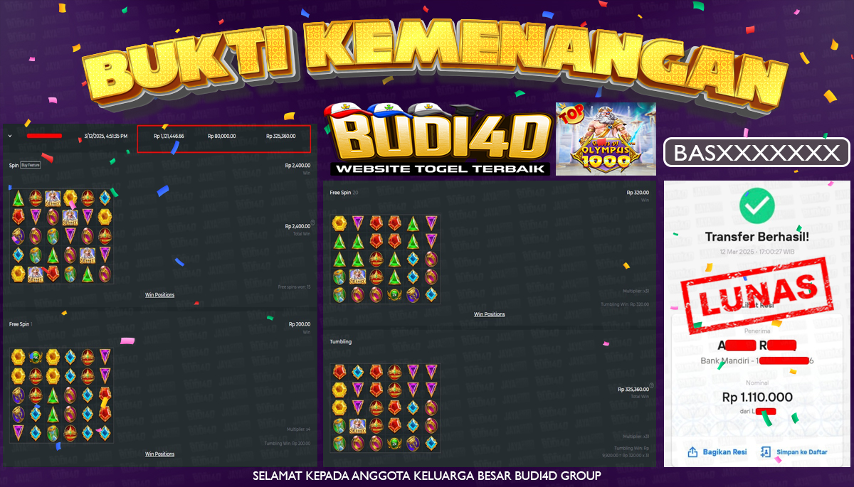 BUDI4D JACKPOT SLOT Pragmatic Play Gates of Olympus 1000 Rp.1.110.000,- LUNAS