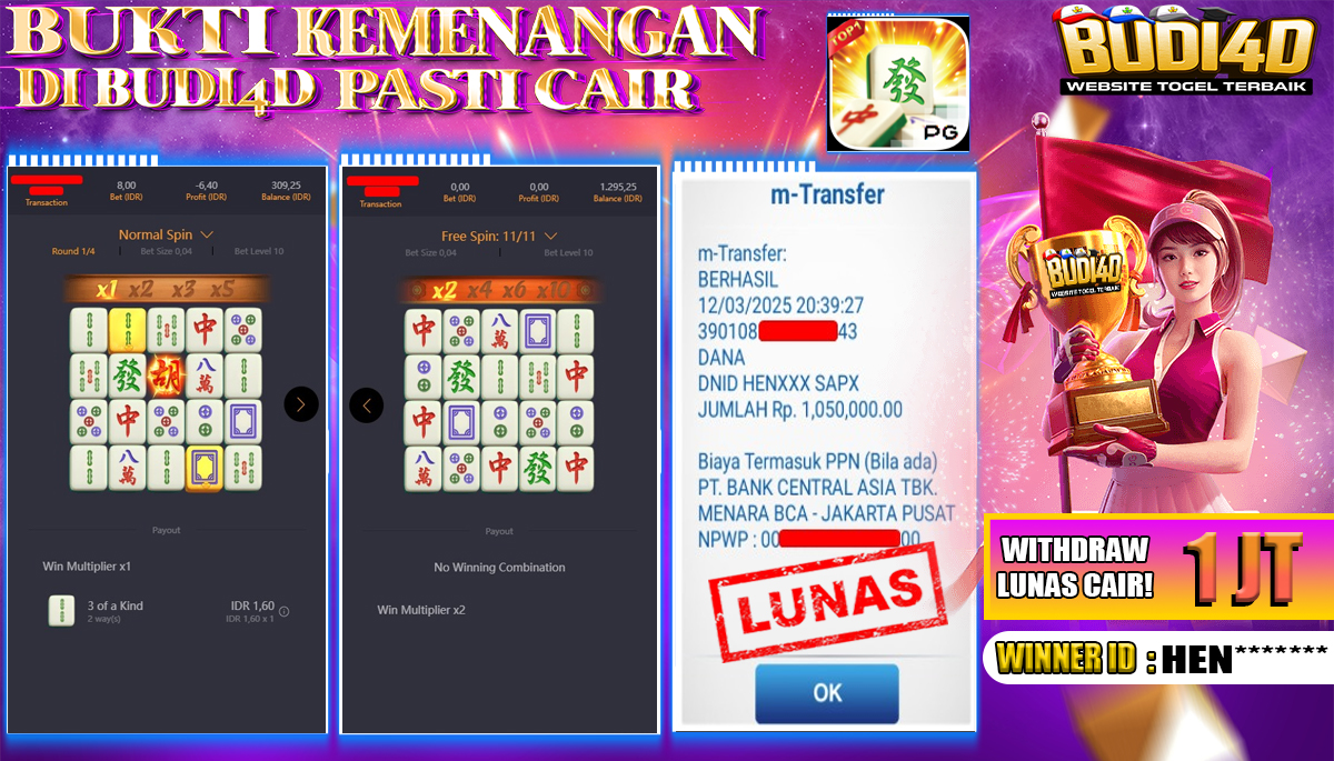 BUDI4D JACKPOT SLOT PGSoft Mahjong Ways Rp.1.050.000,- LUNAS