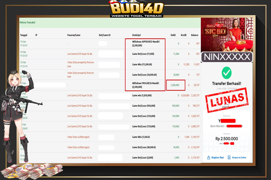 BUDI4D JACKPOT LIVE CASINO – Evolution – Super Sicbo RP.2.500.000,- LUNAS