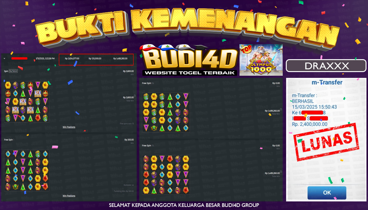 BUDI4D JACKPOT SLOT Pragmatic Play Gates of Olympus 1000 Rp.2.400.000,- LUNAS