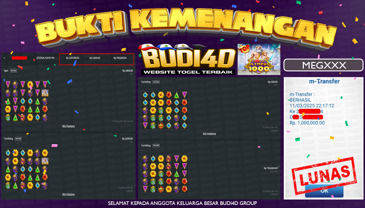 BUDI4D JACKPOT SLOT Pragmatic Play Gates of Olympus 1000 Rp.1.000.000,- LUNAS