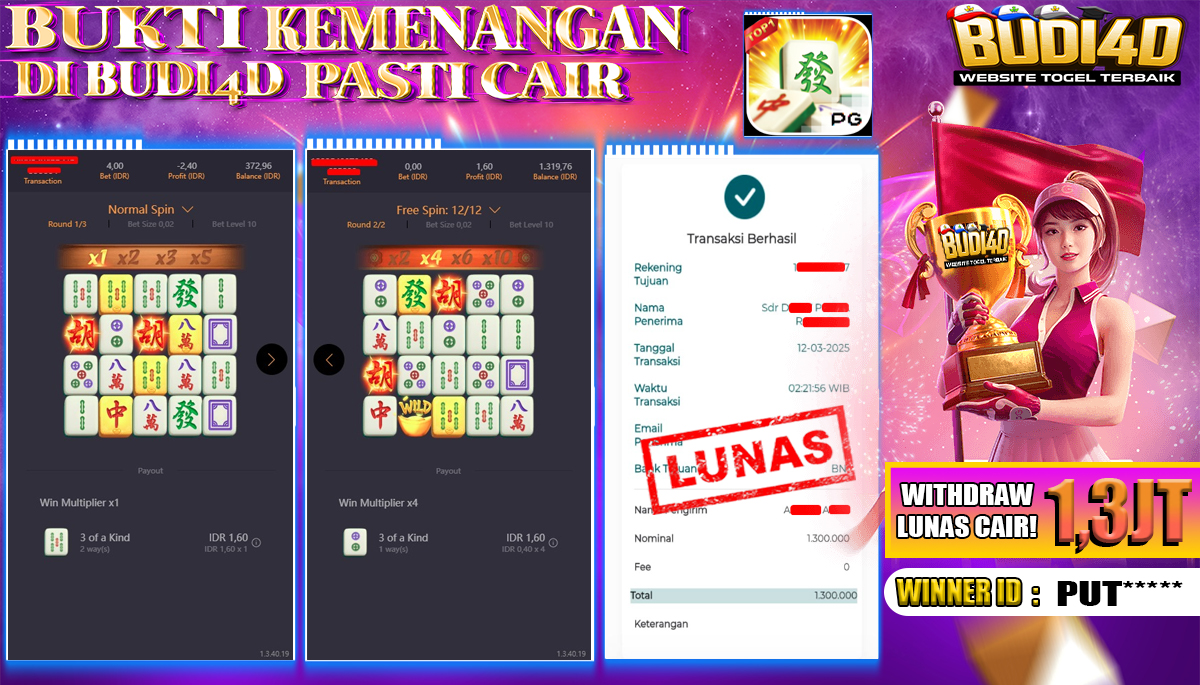 BUDI4D JACKPOT SLOT PGSoft Mahjong Ways Rp.1.300.000,- LUNAS