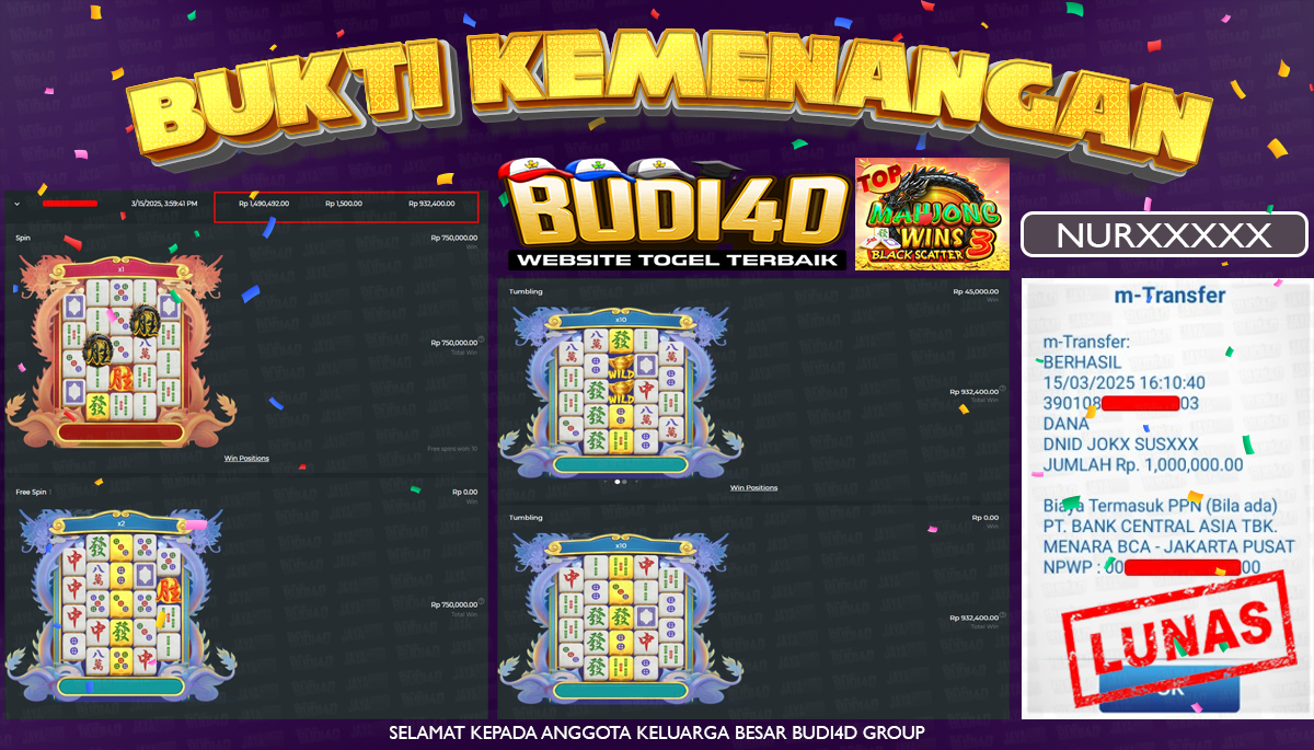 BUDI4D JACKPOT SLOT Pragmatic Play Mahjong Wins 3 – Black Scatter Rp.1.000.000,- LUNAS