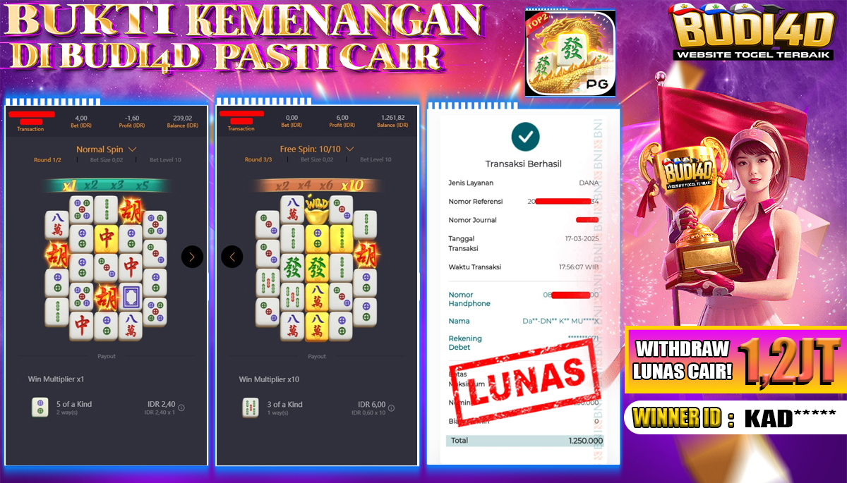 BUDI4D JACKPOT SLOT PGSoft Mahjong Ways 2 Rp.1.250.000,- LUNAS