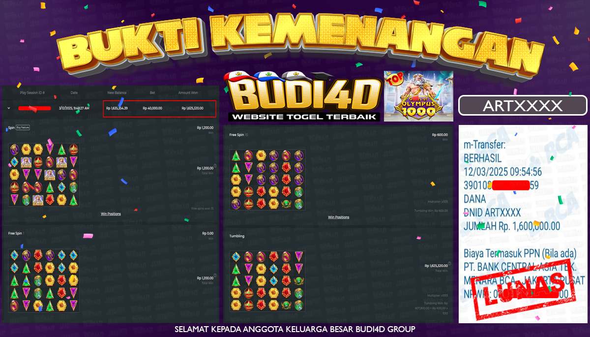 BUDI4D JACKPOT SLOT Pragmatic Play Gates Of Olympus 1000 Rp.1.600.000,- LUNAS