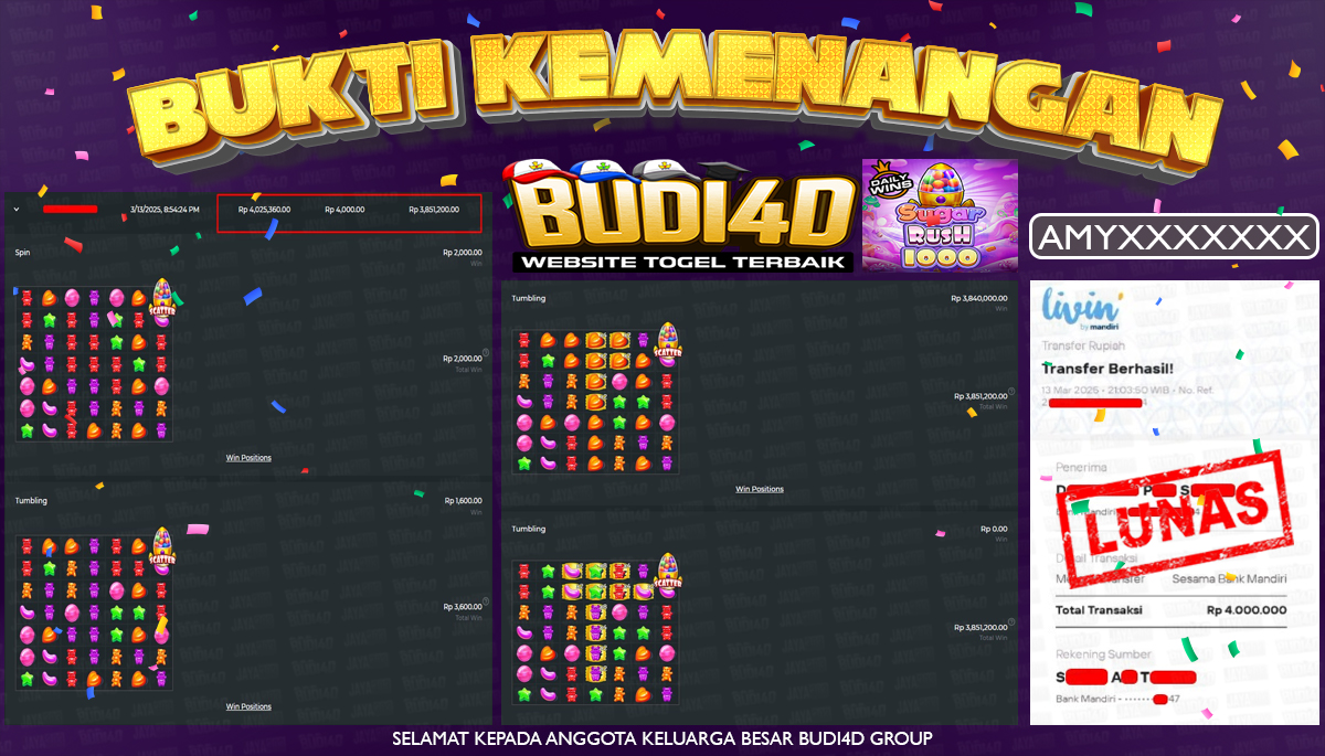 BUDI4D JACKPOT SLOT Pragmatic Play Sugar Rush 1000 Rp.4.000.000,- LUNAS