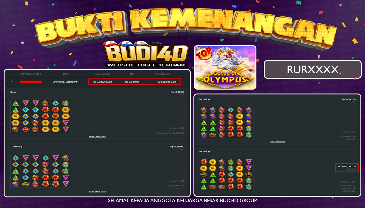 BUDI4D JACKPOT SLOT Pragmatic Play Gates of Olympus Rp.3.500.000,- LUNAS