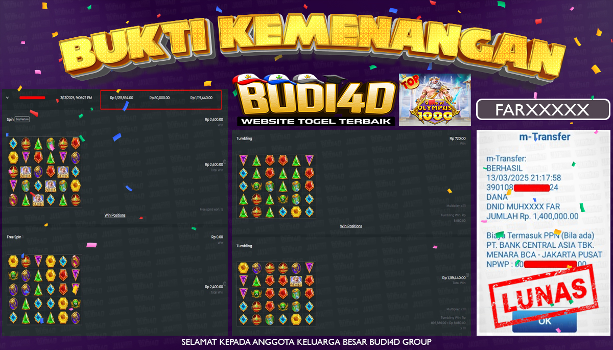 BUDI4D JACKPOT SLOT Pragmatic Play Gates of Olympus 1000 Rp.1.400.000,- LUNAS