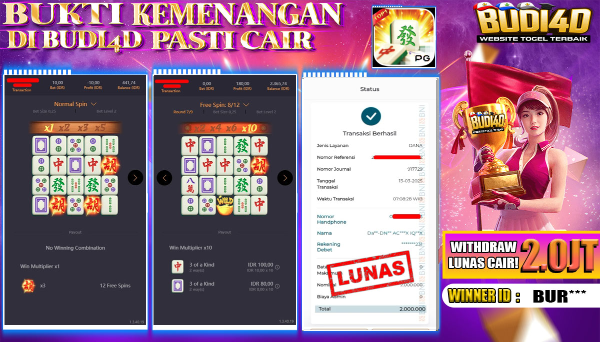 BUDI4D JACKPOT SLOT PGSoft mahjong ways Rp.2.000.000,- LUNAS