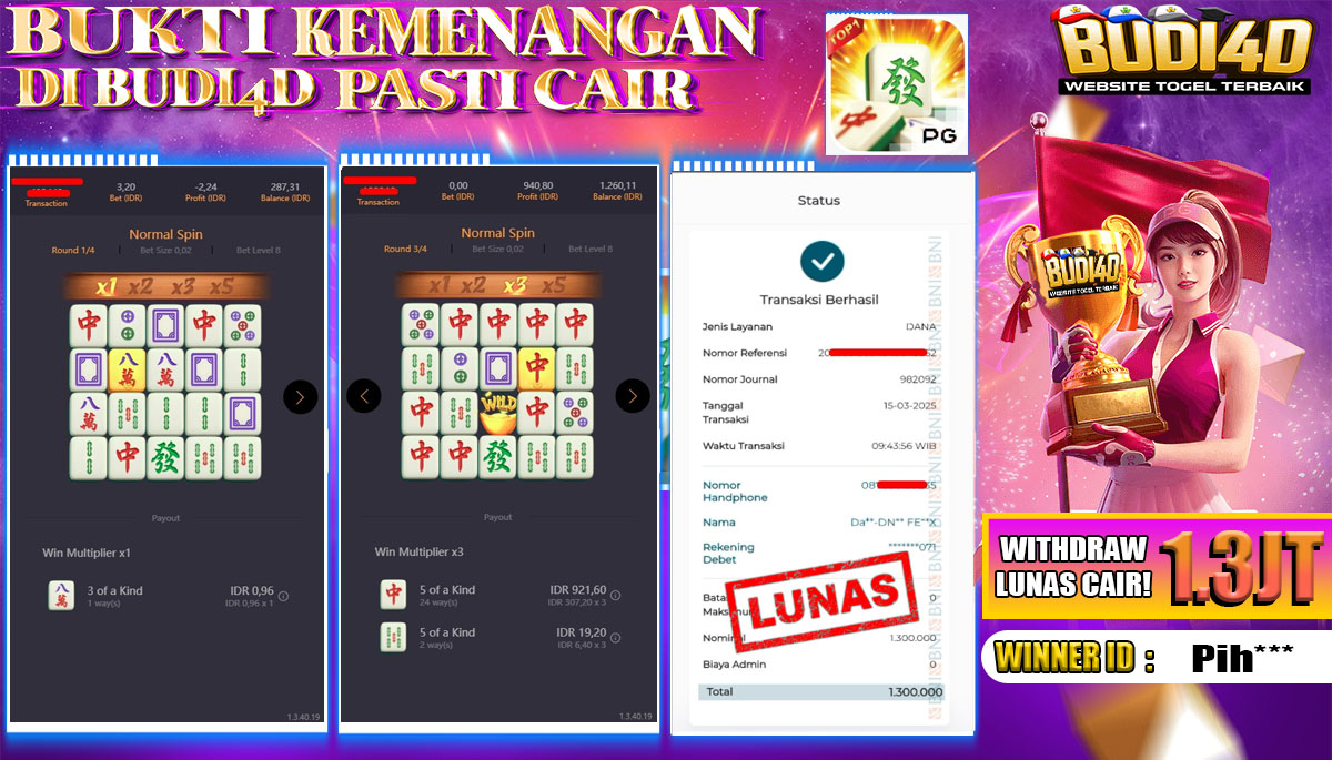 BUDI4D JACKPOT SLOT PGSOFT Mahjong Ways Rp.1.300.000,- LUNAS