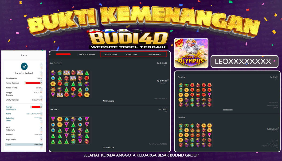 BUDI4D JACKPOT SLOT PRAGMATIC PLAY GATES OF OLYMPUS Rp.1.000.000,- LUNAS