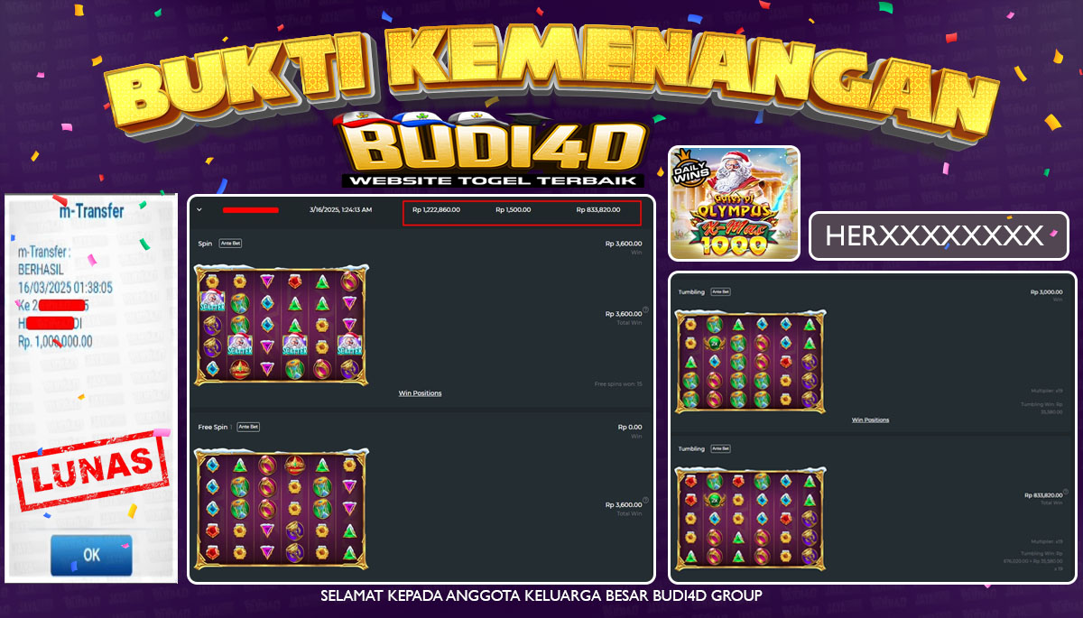 BUDI4D JACKPOT SLOT Pragmatic play Gates of Olympus Xmas 1000 Rp.1.000.000,- LUNAS