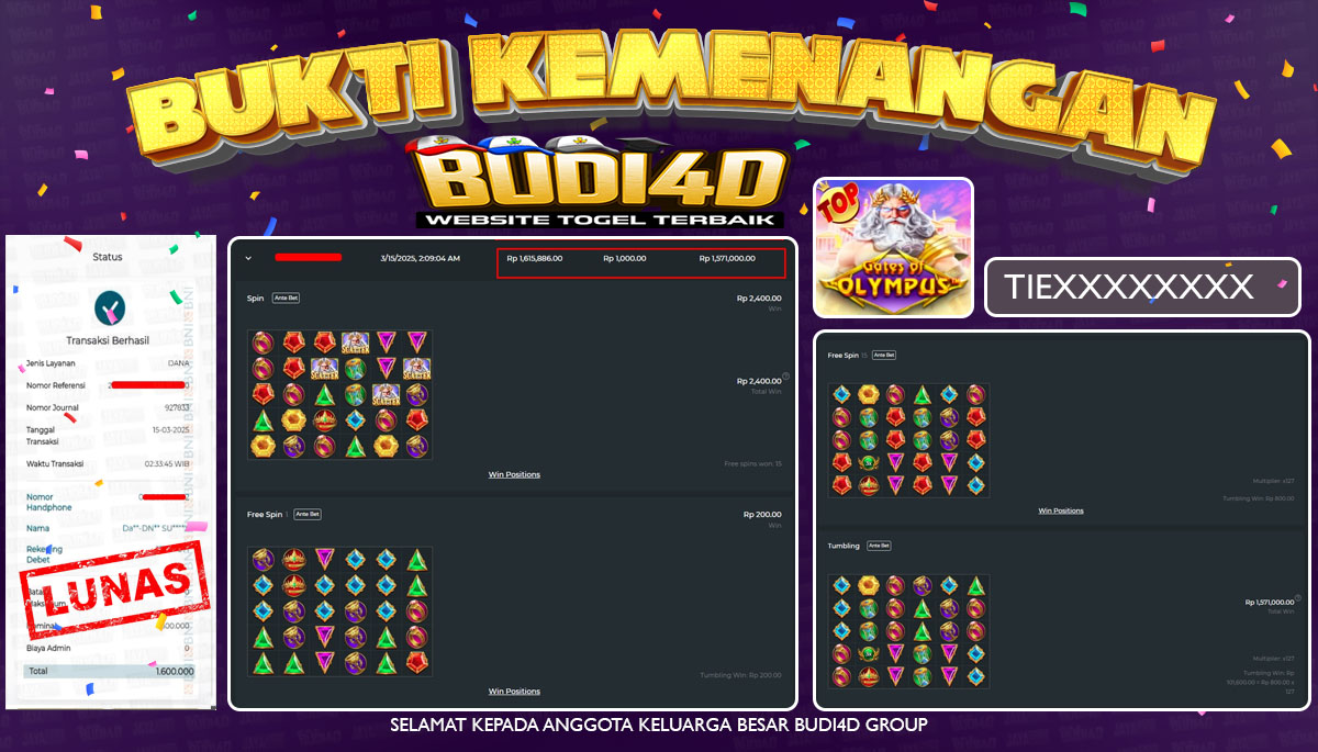 BUDI4D JACKPOT SLOT Pragmatic Play Gates of Olympus Rp.1.600.000,- LUNAS