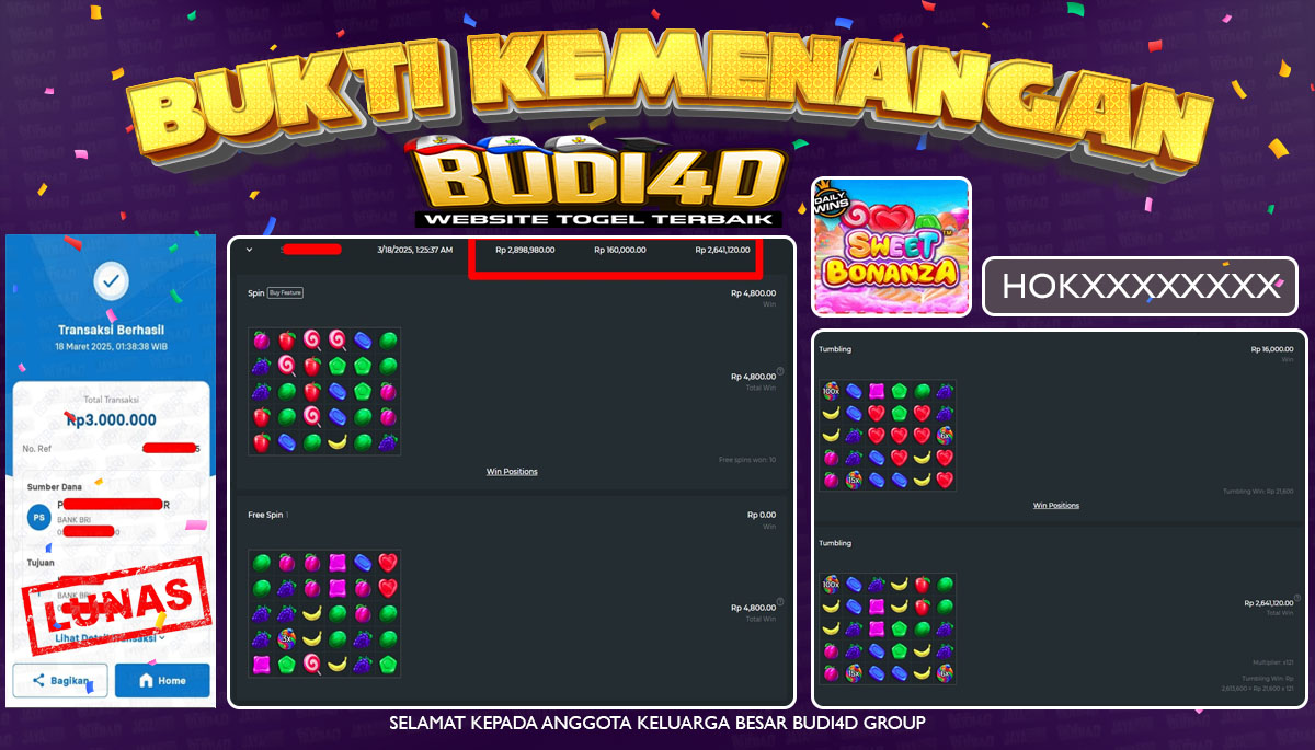 BUDI4D JACKPOT SLOT Pragmatic Play Sweet Bonanza Rp.3.000.000,- LUNAS