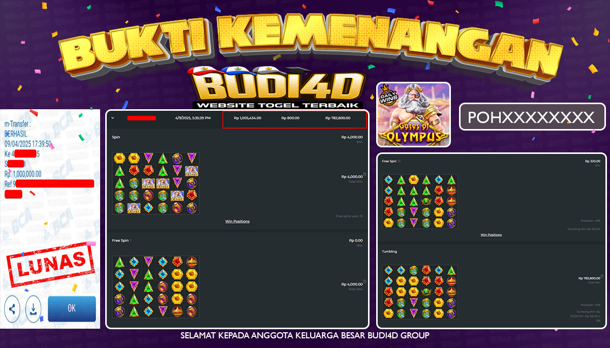 BUDI4D JACKPOT SLOT PRAGMATIC GATES OF OLYMPUS  Rp.1.000.000,- LUNAS