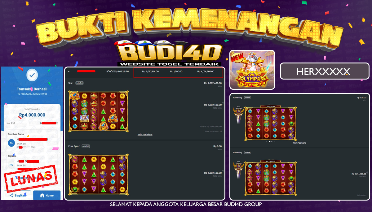 BUDI4D JACKPOT SLOT Pragmatic Play Gates of Olympus Super Scatter Rp.4.000.000,- LUNAS