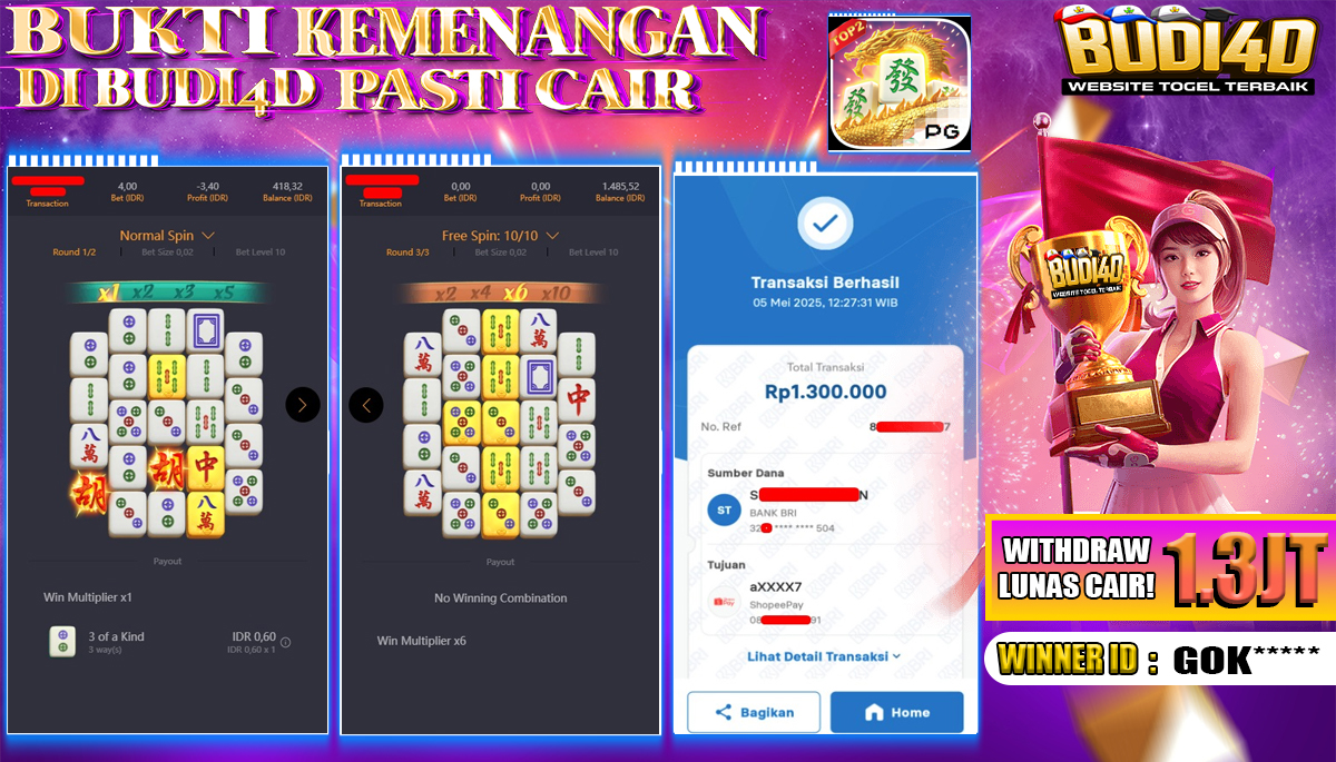 BUDI4D JACKPOT SLOT PGSoft Mahjong Ways 2 Rp.1.300.000,- LUNAS