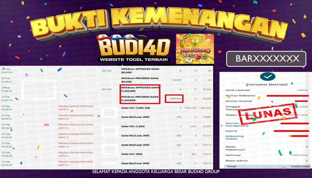 BUDI4D JACKPOT SLOT PLAYSTAR MAHJONG WAYS 3+ Rp.1.000.000,- LUNAS