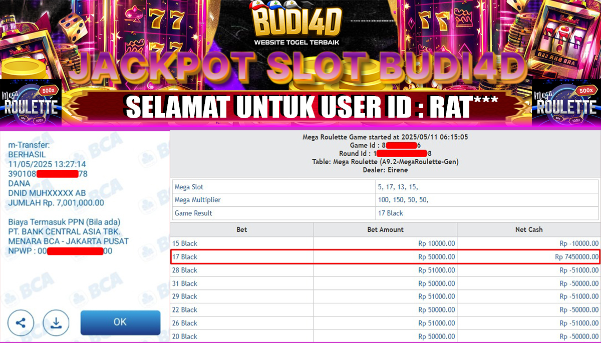 BUDI4D JACKPOT CASINO MEGA ROULETTE  Rp.7.001.000,- LUNAS