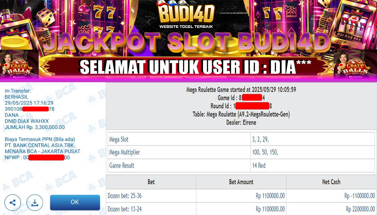 BUDI4D JACKPOT CASINO MEGA ROULETTE Rp.3.300.000,- LUNAS