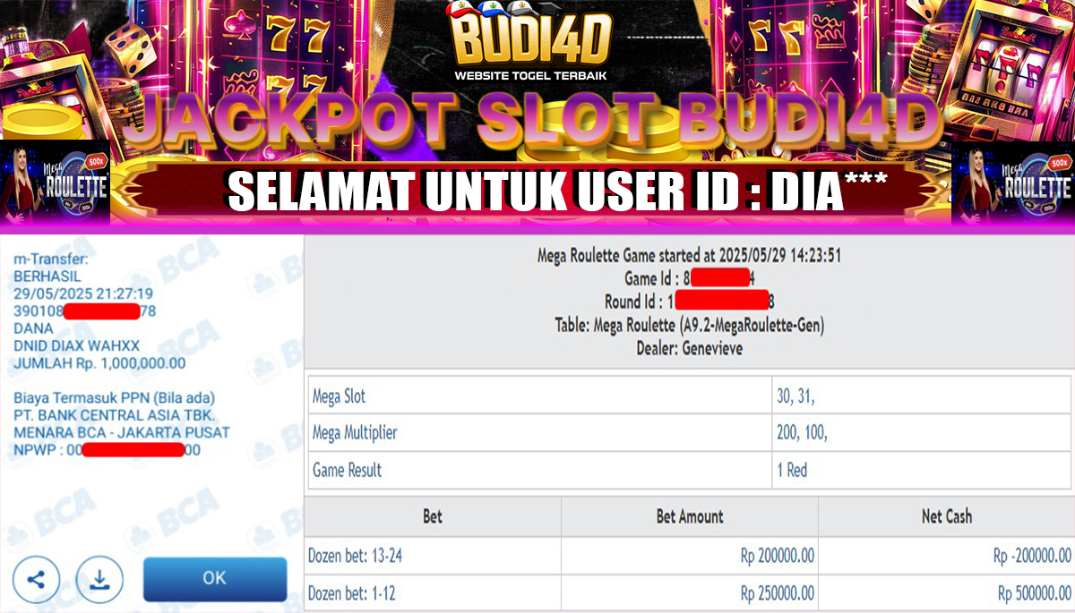 BUDI4D JACKPOT CASINO MEGA ROULETTE Rp.1.000.000,- LUNAS
