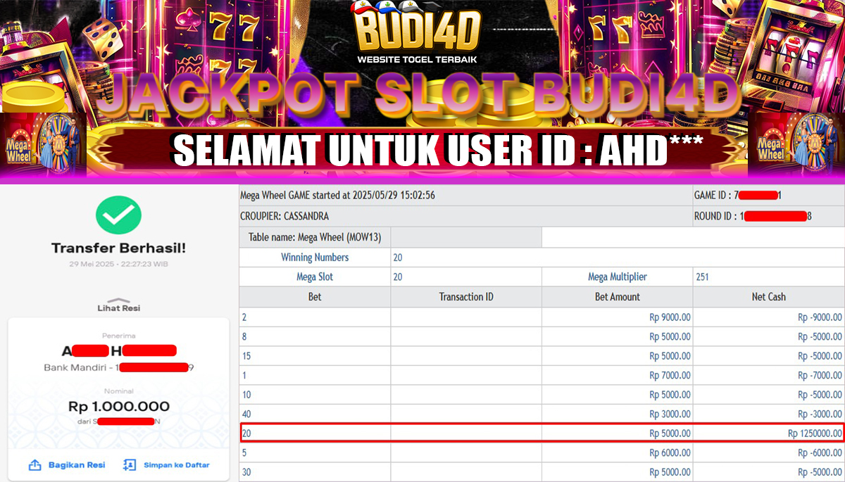 BUDI4D JACKPOT CASINO MEGA WHEEL Rp.1.000.000,- LUNAS