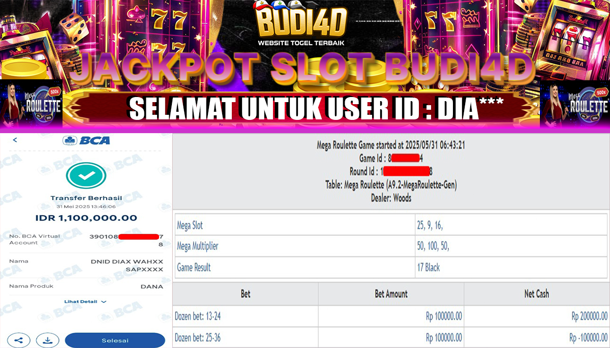 BUDI4D JACKPOT CASINO MEGA ROULETTE Rp.1.100.000,- LUNAS