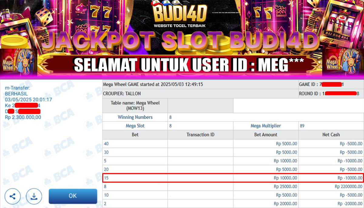 BUDI4D JACKPOT SLOT CASINO MEGA WHEEL Rp.2.300.000,- LUNAS