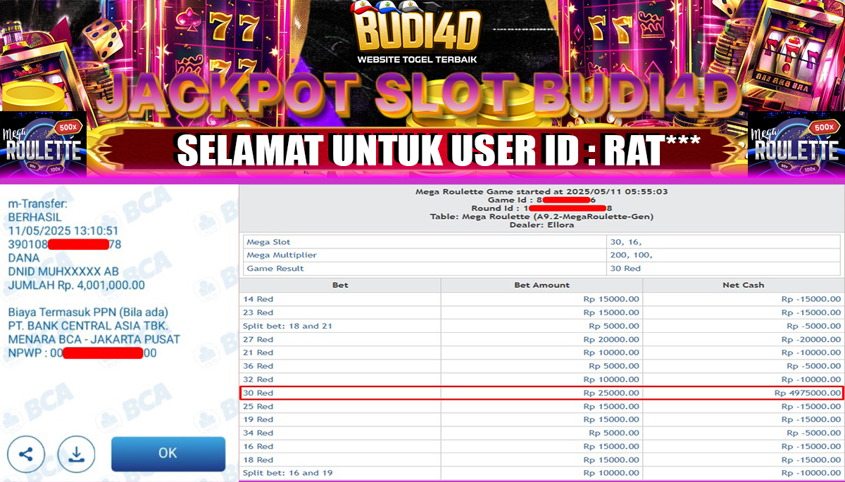 BUDI4D JACKPOT CASINO MEGA ROULETTE  Rp.4.001.000,- LUNAS