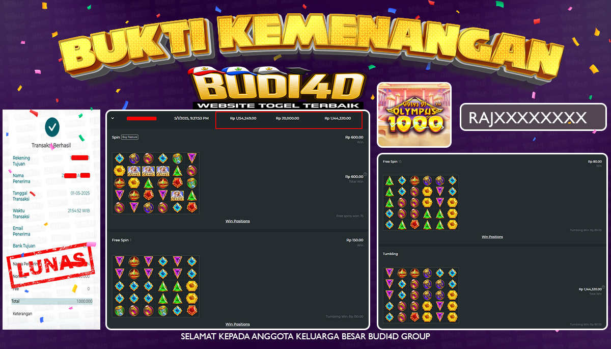 BUDI4D JACKPOT SLOT PRAGMATIC GATES OF OLYMPUS 1000 Rp.1.000.000,- LUNAS