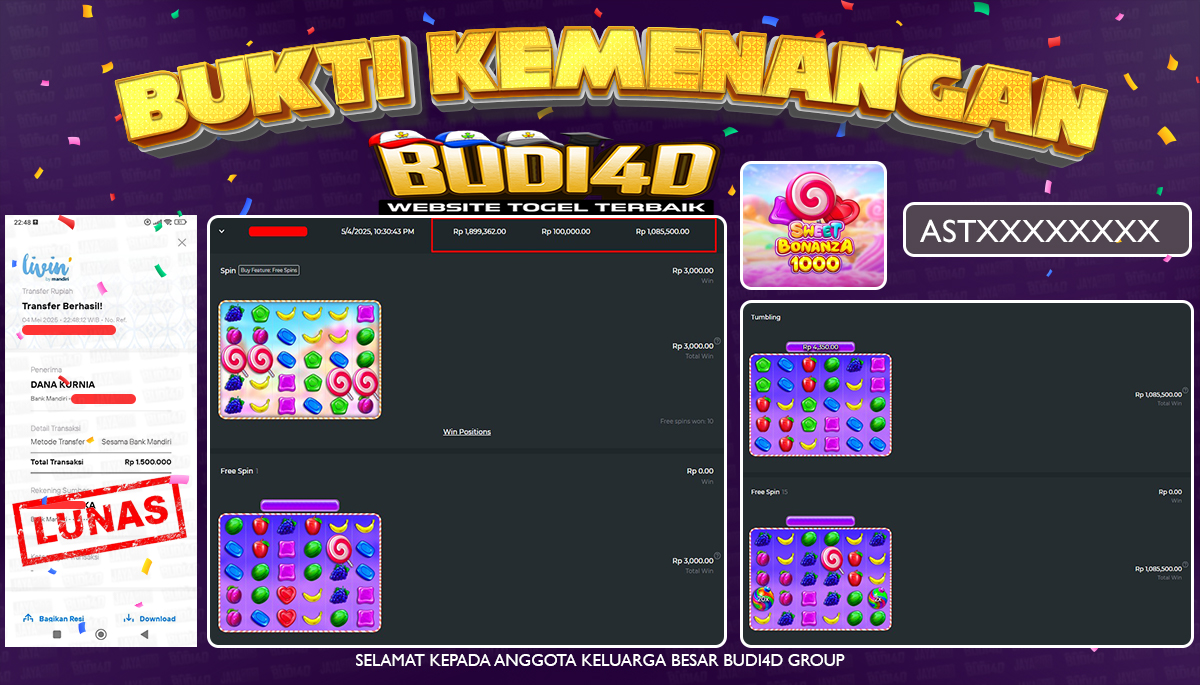 BUDI4D JACKPOT SLOT PRAGMATIC SWEET BONANZA 1000 Rp.1.500.000,- LUNAS