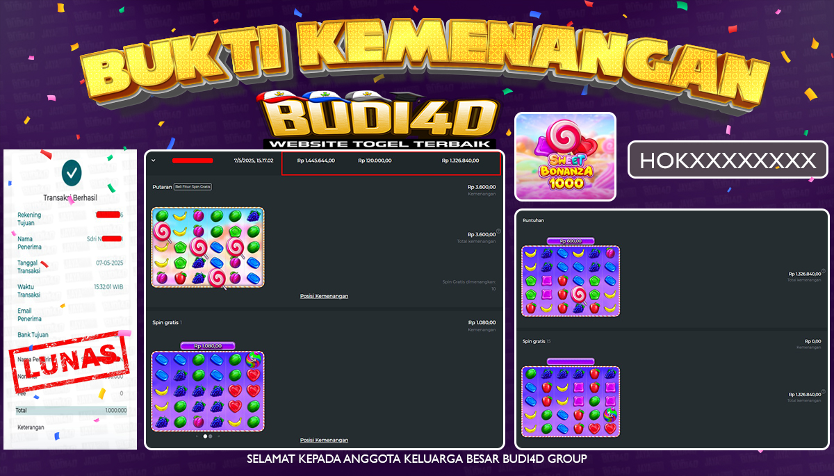 BUDI4D JACKPOT SLOT PRAGMATIC SWEET BONANZA 1000  Rp.1.000.000,- LUNAS