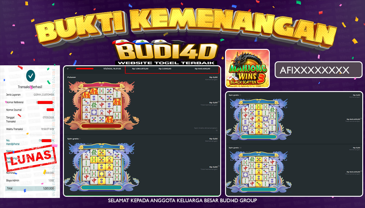 BUDI4D JACKPOT SLOT PRAGMATIC MAHJONG WINS 3 BLACKSCATTER  Rp.1.001.000,- LUNAS