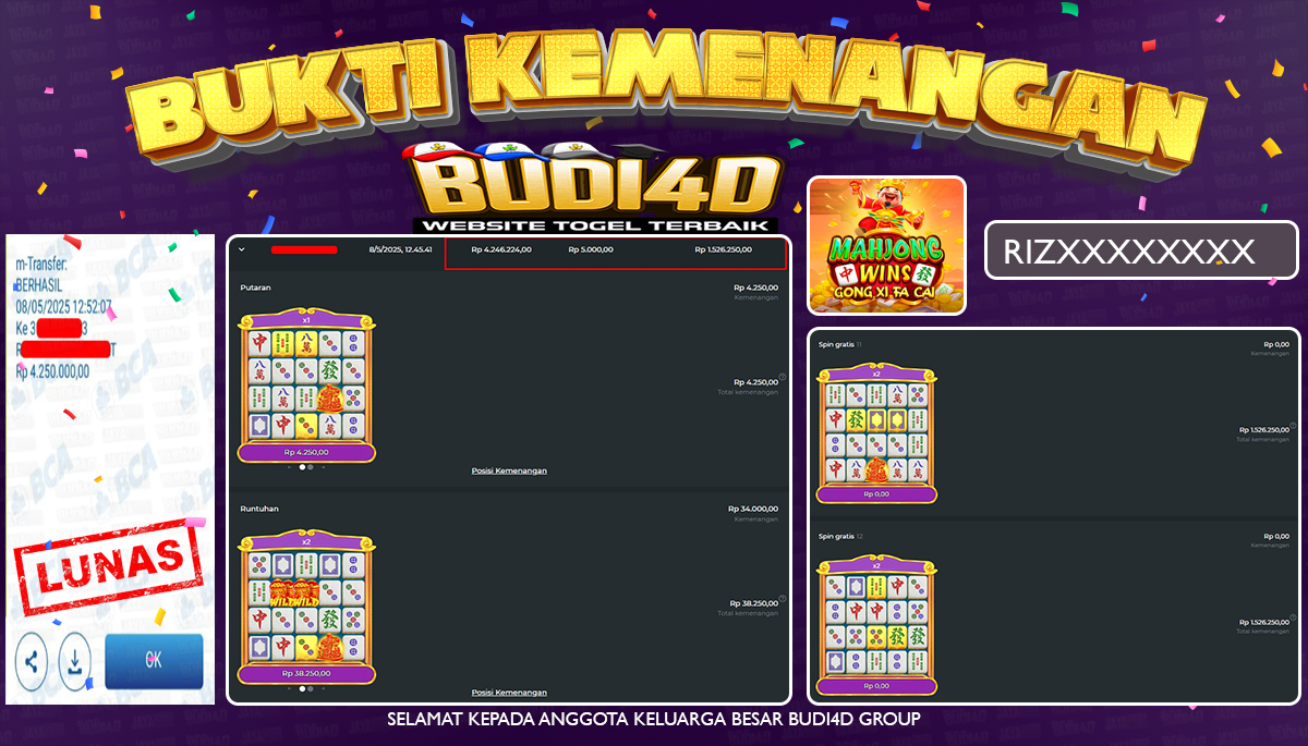 BUDI4D JACKPOT SLOT PRAGMATIC MAHJONG WINS 3 GONG XI FA CAI  Rp.4.250.000,- LUNAS