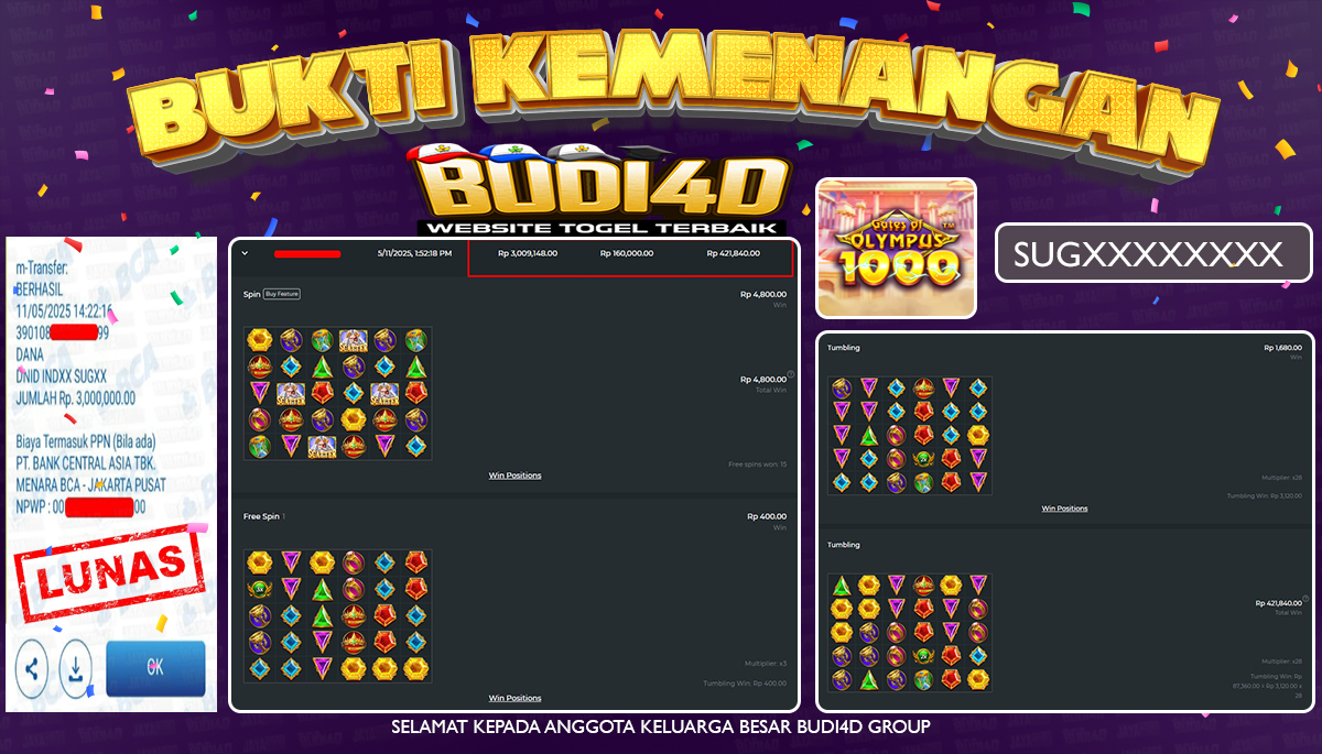 BUDI4D JACKPOT SLOT PRAGMATIC GATES OF OLYMPUS 1000  Rp.3.000.000,- LUNAS