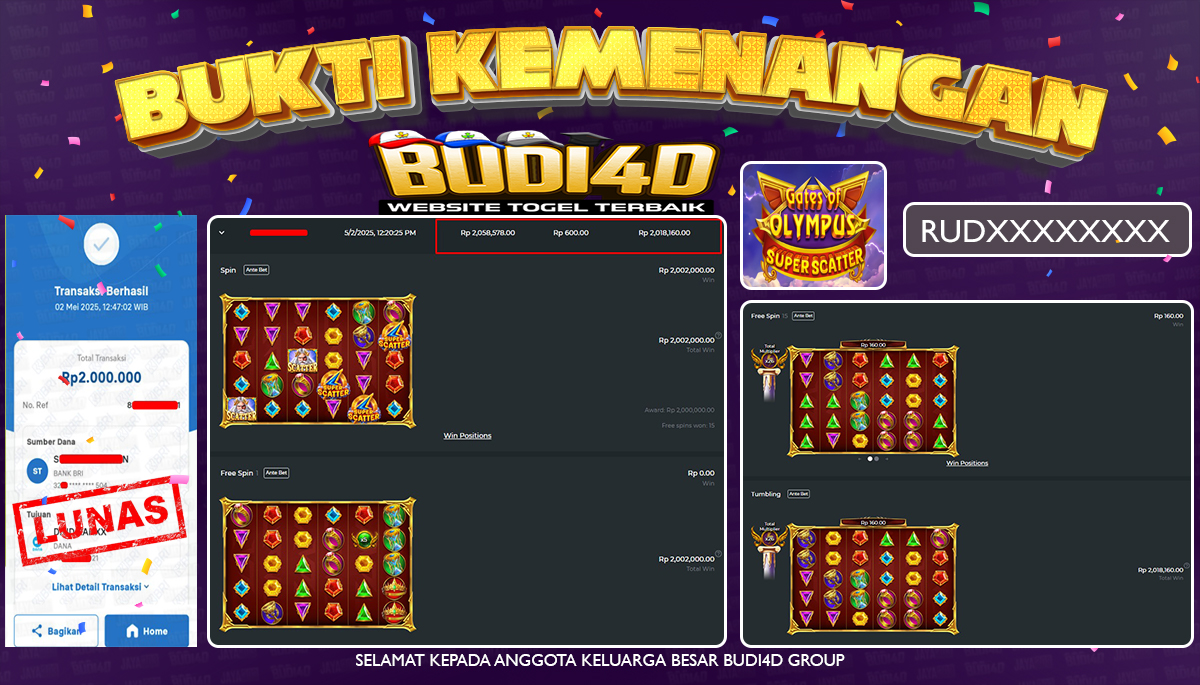 BUDI4D JACKPOT SLOT PRAGMATIC GATES OF OLYMPUS SUPER SCATTER Rp.2.000.000,- LUNAS