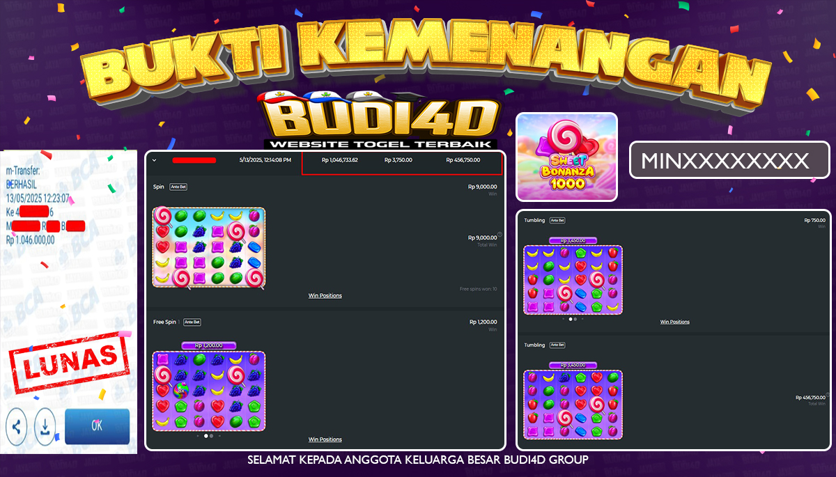 BUDI4D JACKPOT SLOT PRAGMATIC SWEET BONANZA 1000  Rp.1.046.000,- LUNAS