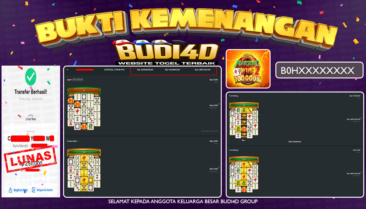BUDI4D JACKPOT SLOT PRAGMATIC MAHJONG WINS 2 Rp.2.511.000,- LUNAS
