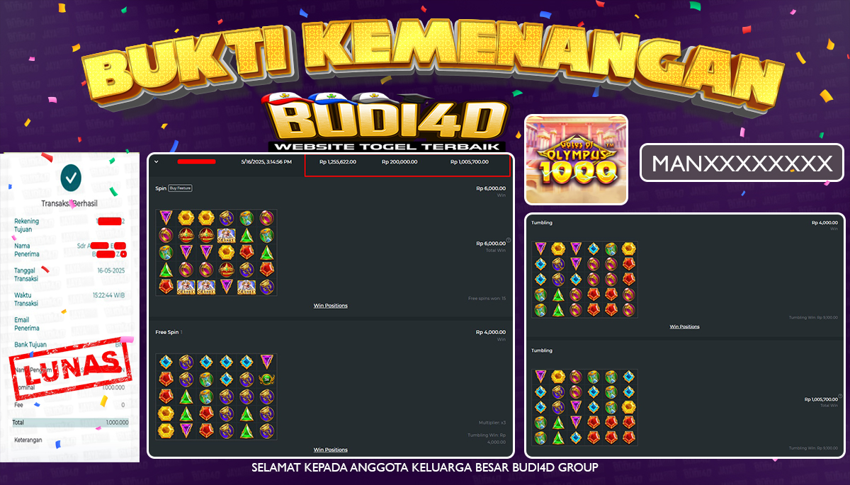 BUDI4D JACKPOT SLOT PRAGMATIC GATES OF OLYMPUS 1000  Rp.1.000.000,- LUNAS