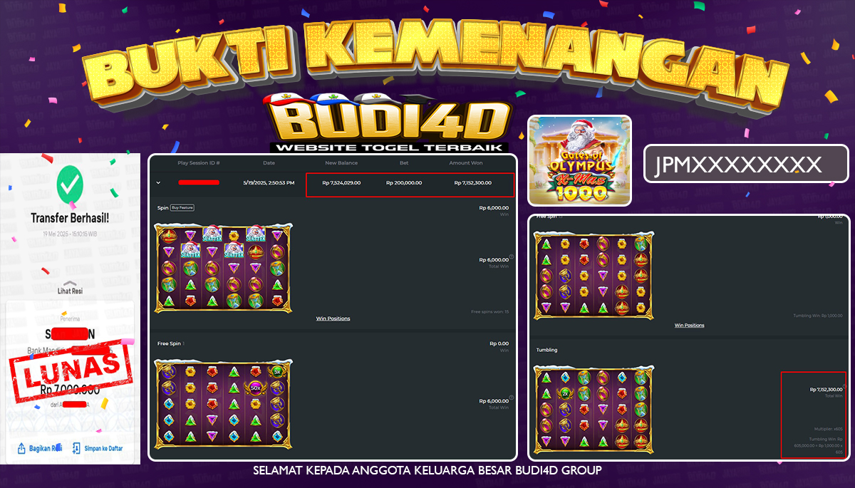 BUDI4D JACKPOT SLOT PRAGMATIC GATES OF OLYMPUS XMAS 1000  Rp.7.000.000,- LUNAS