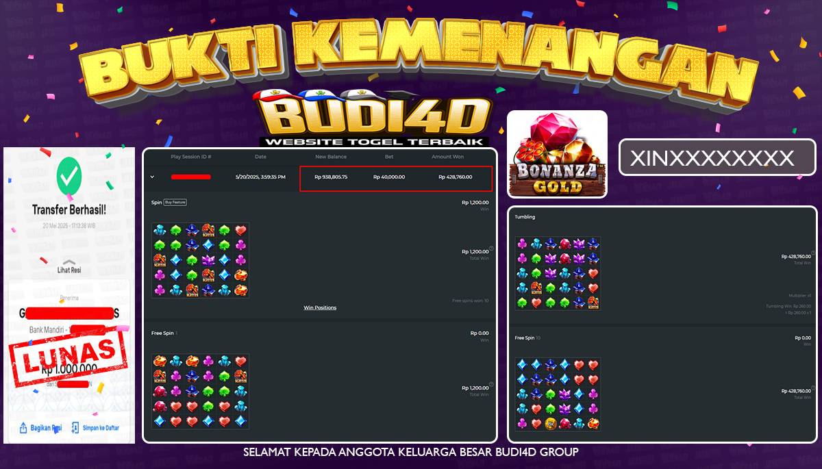 BUDI4D JACKPOT SLOT PRAGMATIC BONANZA GOLD  Rp.1.000.000,- LUNAS
