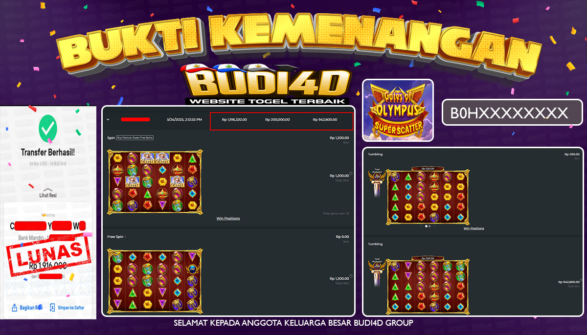 BUDI4D JACKPOT SLOT PRAGMATIC GATES OF OLYMPUS SUPER SCATTER  Rp.1.916.000,- LUNAS