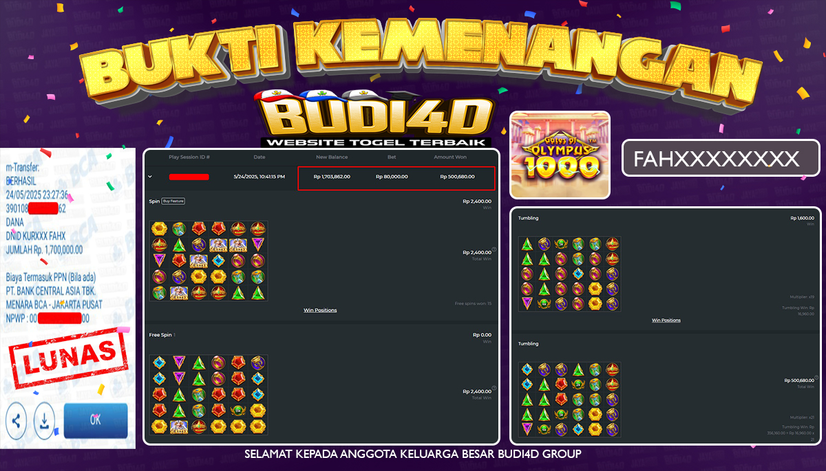 BUDI4D JACKPOT SLOT PRAGMATIC GATES OF OLYMPUS 1000  Rp.1.700.000,- LUNAS