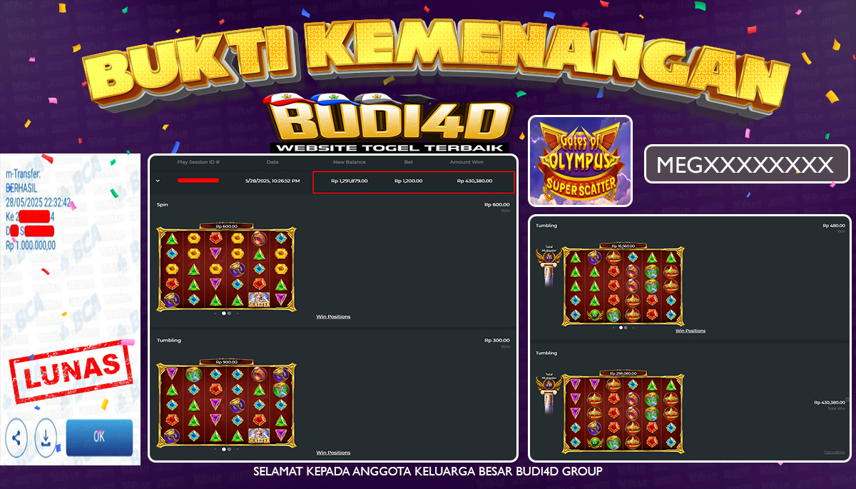 BUDI4D JACKPOT SLOT PRAGMATIC GATES OF OLYMPUS SUPER SCATTER  Rp.1.000.000,- LUNAS