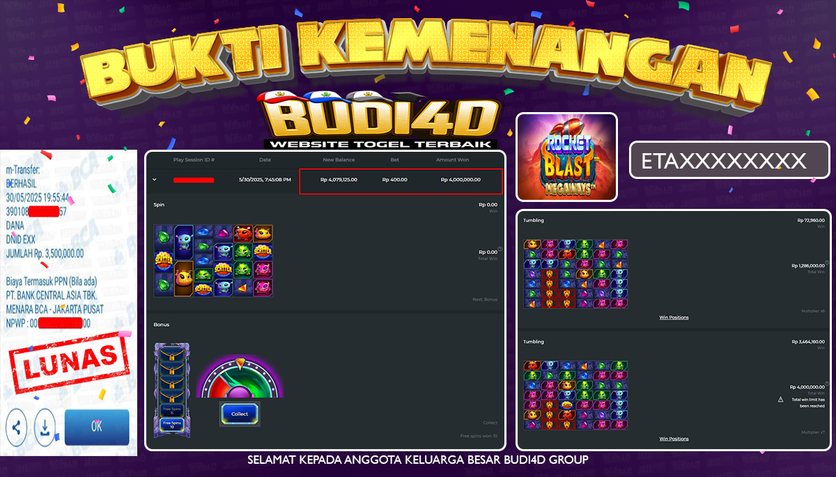BUDI4D JACKPOT SLOT PRAGMATIC ROCKET BLAST  Rp.3.500.000,- LUNAS