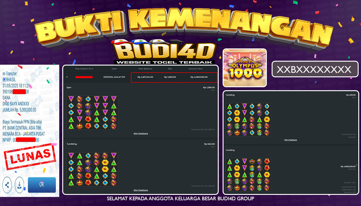 BUDI4D JACKPOT SLOT PRAGMATIC GATES OF OLYMPUS 1000  Rp.5.000.000,- LUNAS