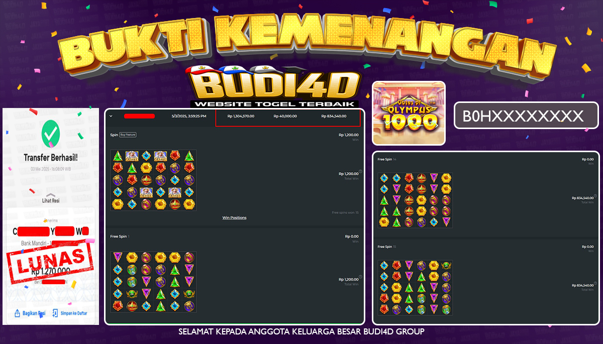 BUDI4D JACKPOT SLOT PRAGMATIC GATES OF OLYMPUS 1000 Rp.1.270.000,- LUNAS